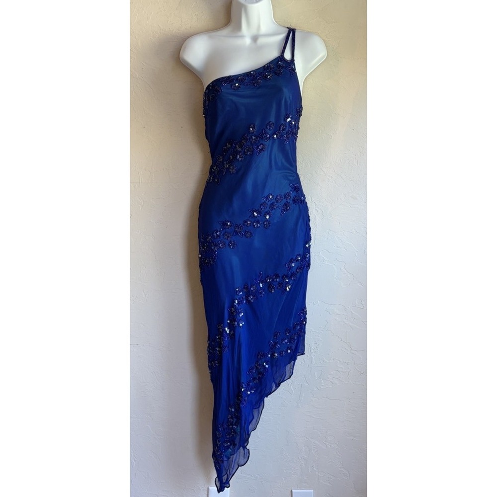 Vintage 90s Y2K Cache Silk Beaded Asymmetrical Slip Dress XS 2 Mermaid Fairy